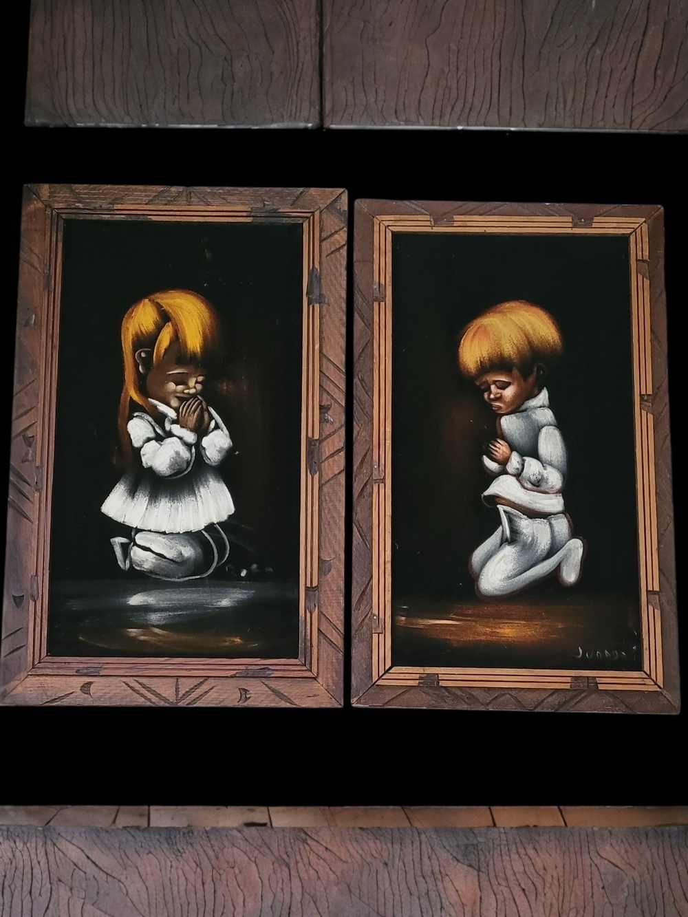 Vintage Velvet Mexican Signed Pair of Praying Children Wall Art - Golden Hair